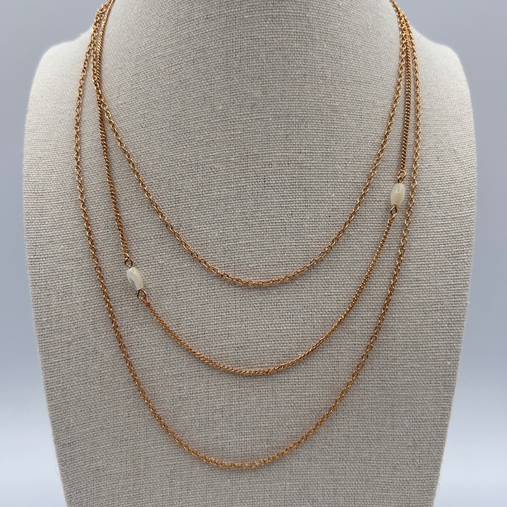 Avon Vintage Gold Tone Tripleā Strand Necklace with Faux Pearl Accents 19 Inch